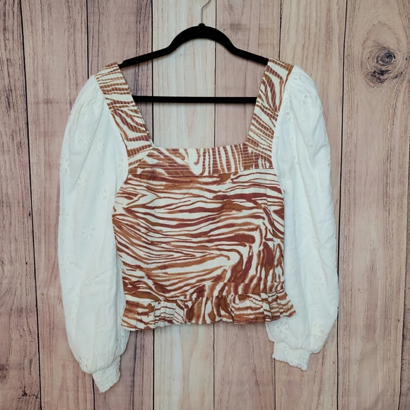 NWT Love the Label (Anthro) Smocked Puff Sleeve Blouse Brown Zebra Print - Picture 5 of 16